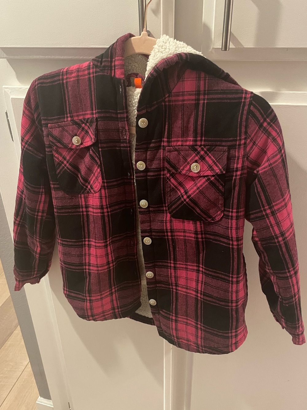 Girl’s Hooded Pink & Black Plaid Sherpa-Lined Jacket, size S